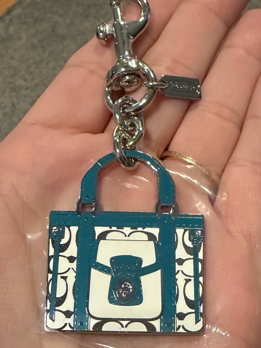 Coach Teal and White SoHo Tote Bag Charm Keychain